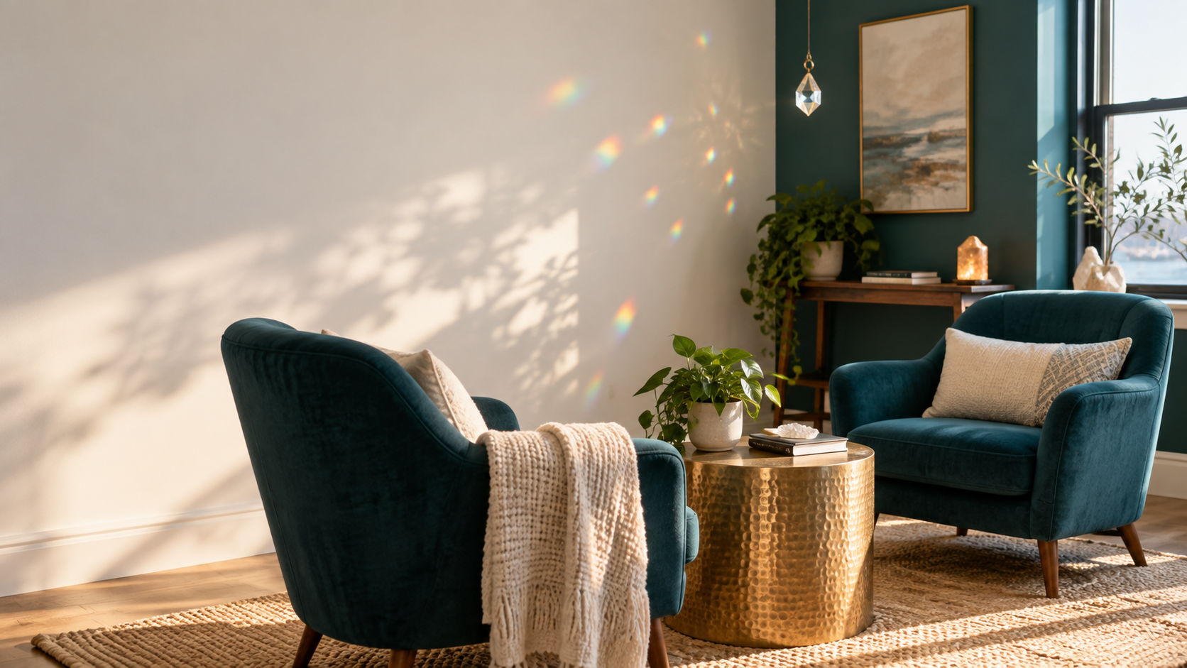 A welcoming therapy room with comfortable teal chairs and warm natural light